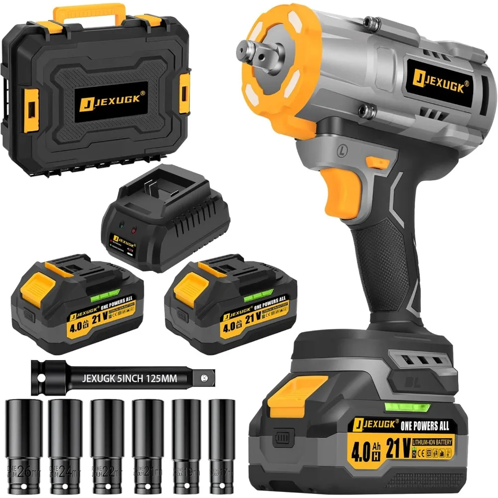 

1600Nm Cordless Impact Wrench, 21V 1/2" 1180Ft-lbs Impact Gun wiht 2 x 4.0Ah Battery, High Torque Pistola De Impacto with 6 Sock