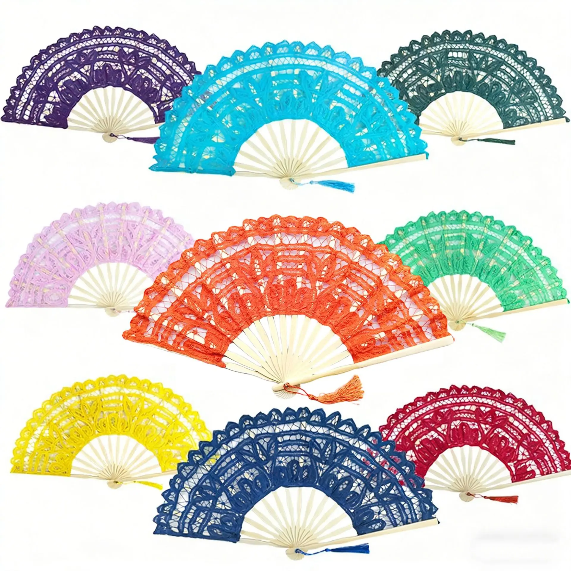 

Bamboo Handle Vintage Lace Hand Fan European Style Hand Held Embroidered Folding Fan with Tassel Dance Fan Wedding