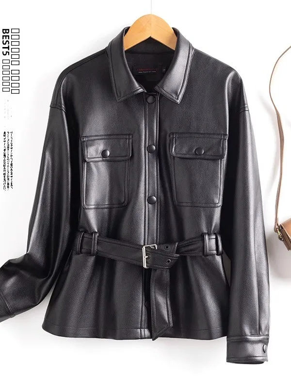 Women's ort eepskin Leather Jaet Slimming Waist Design Spring 2025 Faion New Sle Comfortable Fit Long Sve Coat