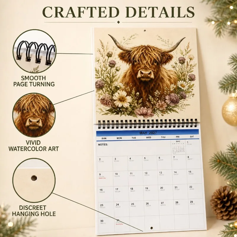 1pc 2027 Wall Calendar, Highland cow wall hanging calendar, 12-Month Monthly Planner,Perfect Gift for Christmas, New Year