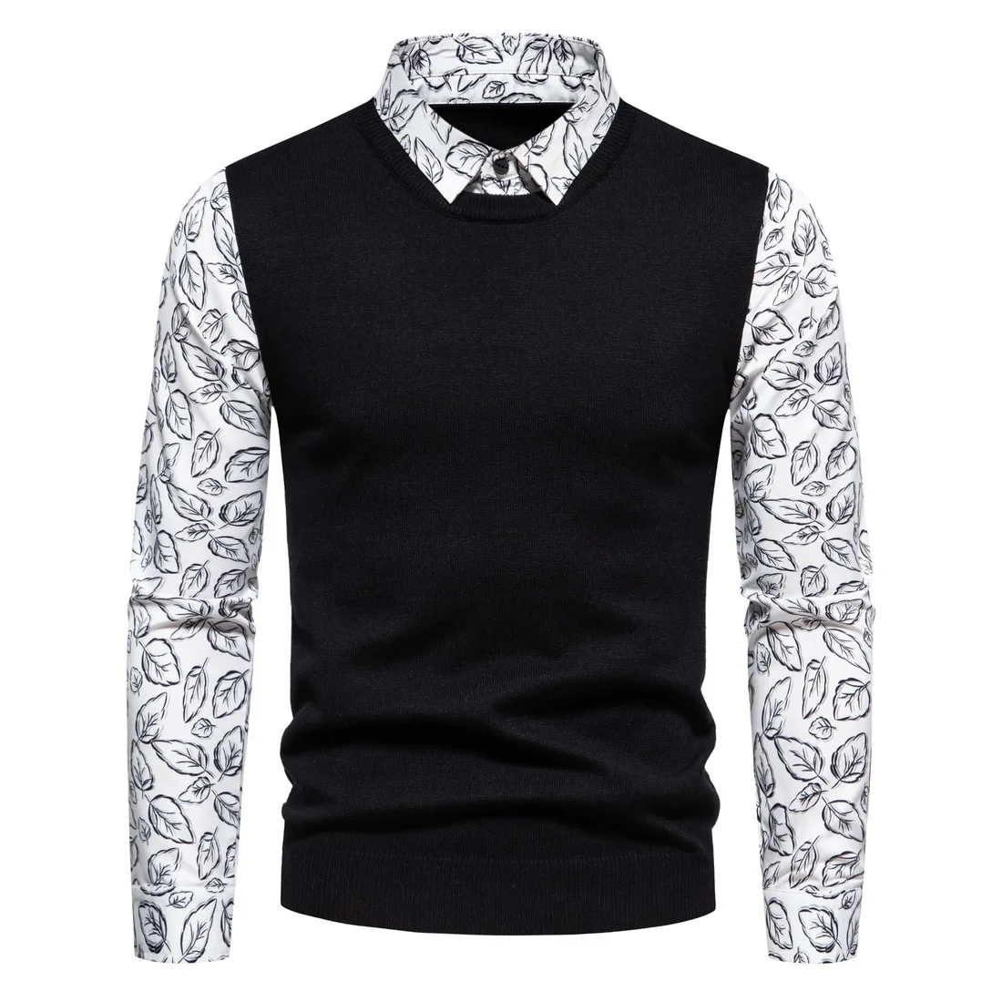 Men's Casual Business Knitwear Sweater Fake Two Piece Shirt Jumpers Slim Fit Patchwork Tops