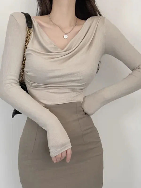Dongda Gate Sexy Bean Green Long Sleeve Slim Fit T-Shirt Women's Flattering Base Layer Shirt Trendy Commute Style Cotton Blend