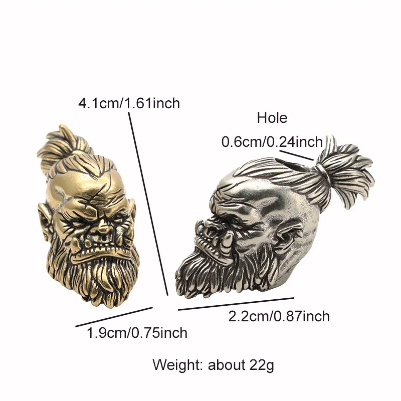 Orcish Warrior Head Sculpture Brass Knife Bead EDC Outdoor DIY Paracord Accessories Handmade Woven Lanyard Pendant Retro Hanging