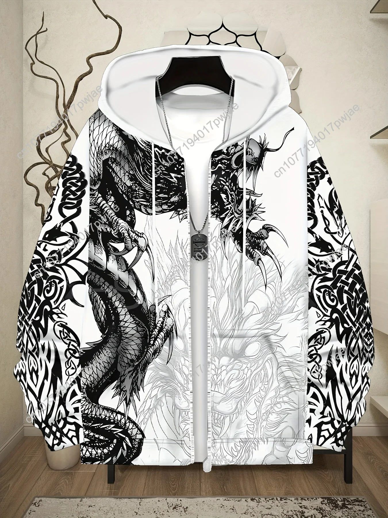 Мужская куртка с капюшоном на молнии с принтом дракона — теплое зимнее пальто с геометрическим рисунком, повседневная верхняя одежда обычного кроя для улицы, машина