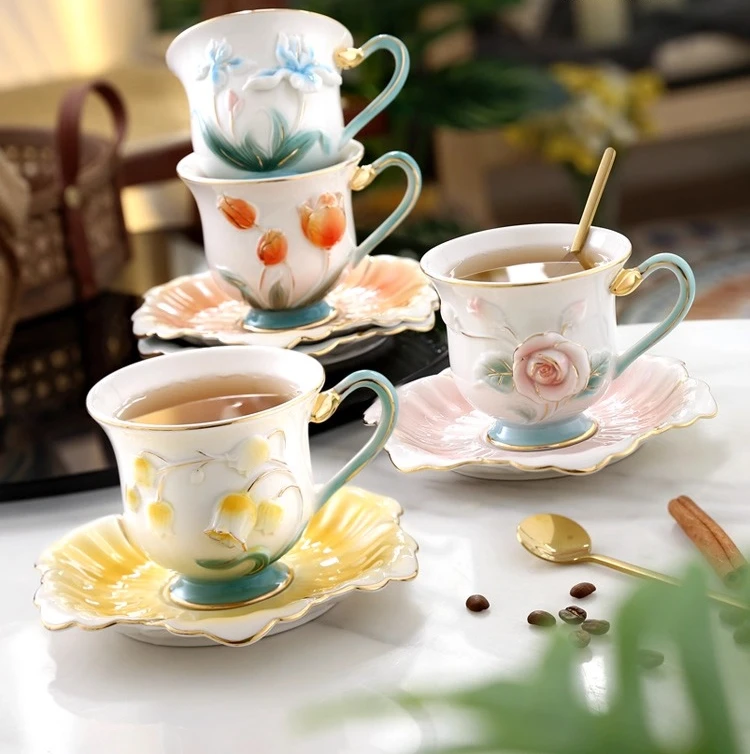 

Embossed flower hand-painted ceramic creative coffee cup and saucer set water cup