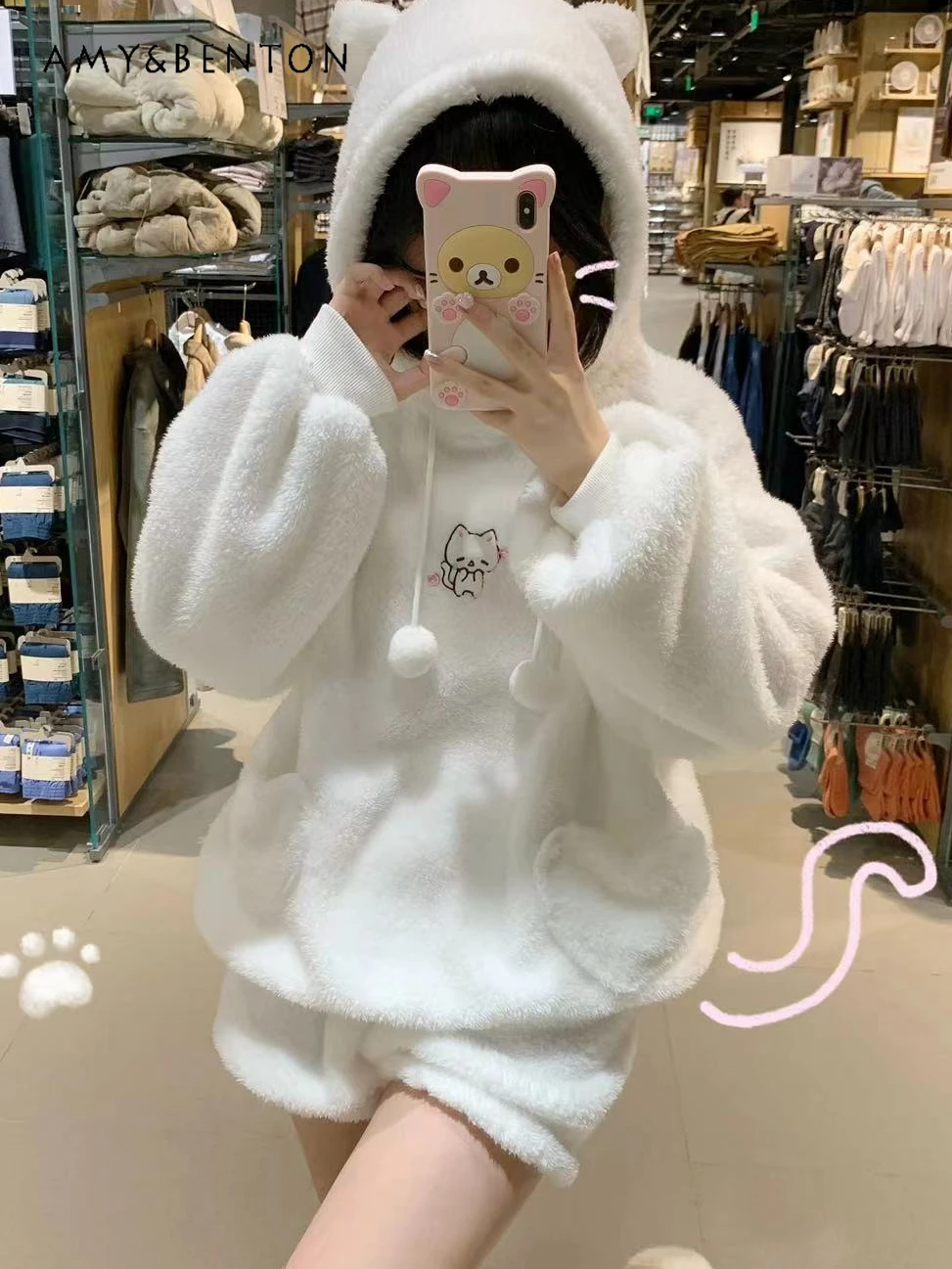 

Winter Sweet Cute Printed Double-Sided Plush Pajamas Set Kawaii Embroidery Cat Ear Hooded Sweatshirt Loose Short Sleepwear Women