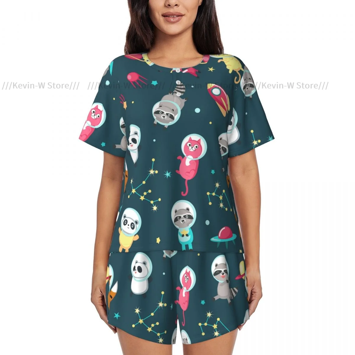 Woman Pajamas Set Cute Animals Astronauts Panda Raccoon Cat And Fox In Outer Space Summer Short-Sleeved Female Suit Homewear