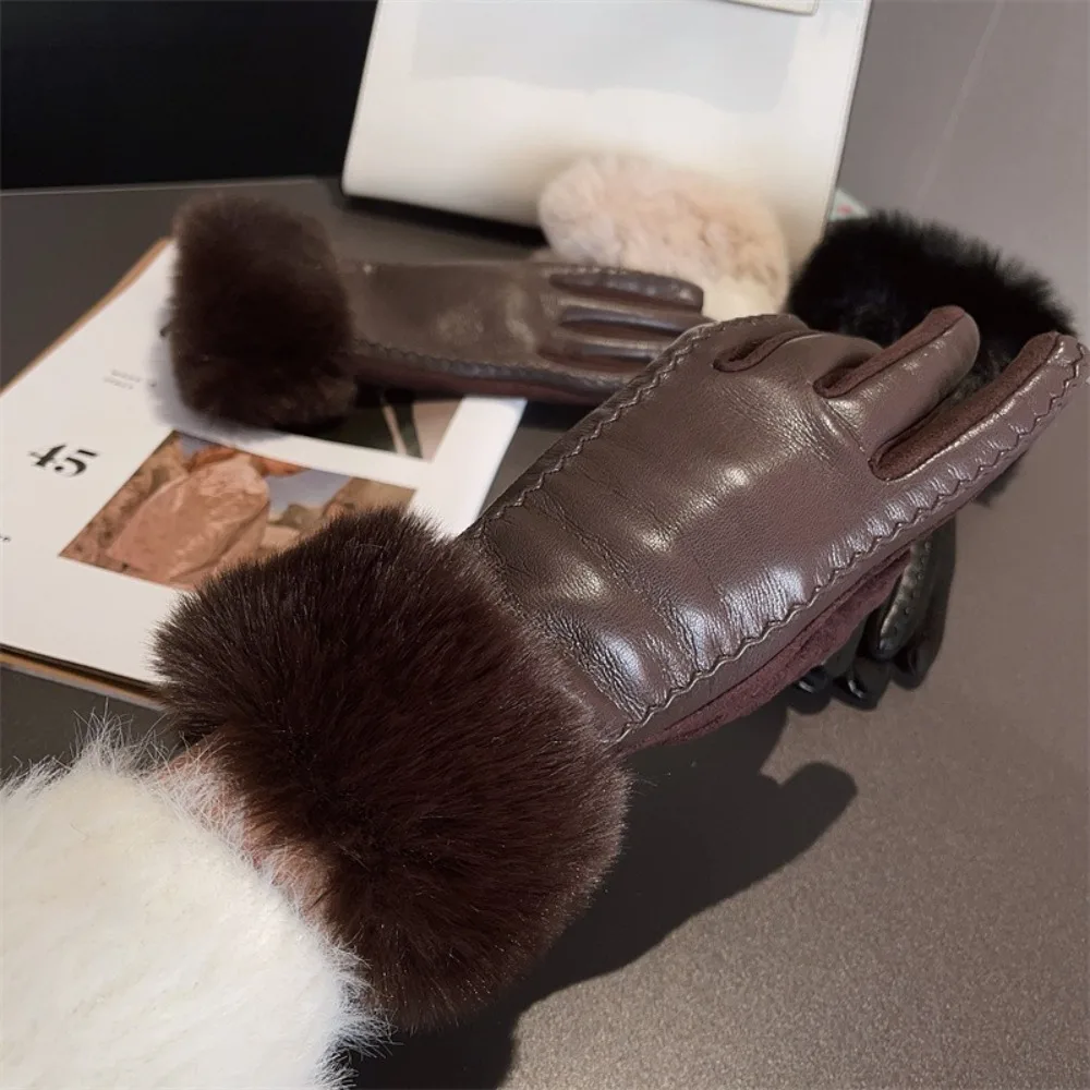 Trendy PU Leather Women's Gloves with Faux Fur Trim for Cold Weather Winter Warm Gloves Cuff Thermal Lining Gift Party Gloves