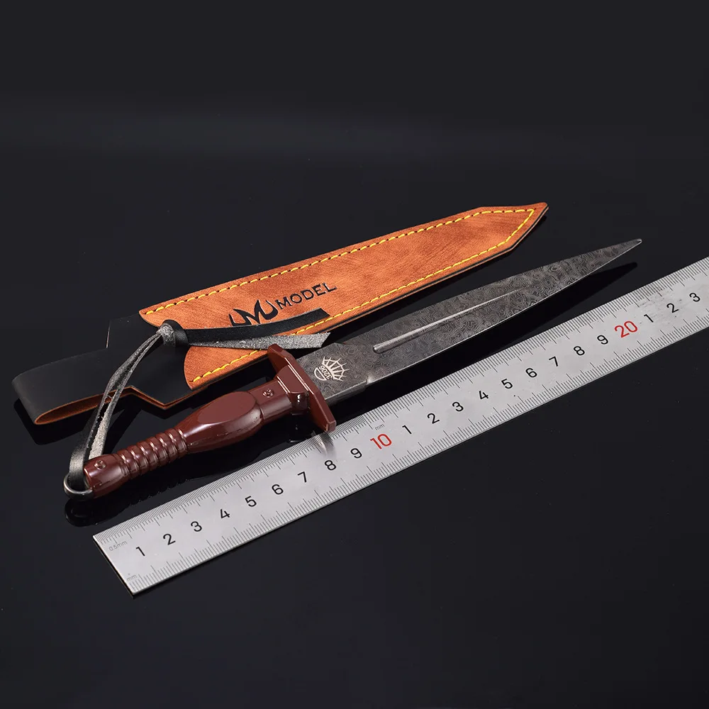 22cm Damascus Assault Dagger Medieval Weapon Model Sword All Metal with Holster Steel-grained Home Ornament Collections Gift Toy