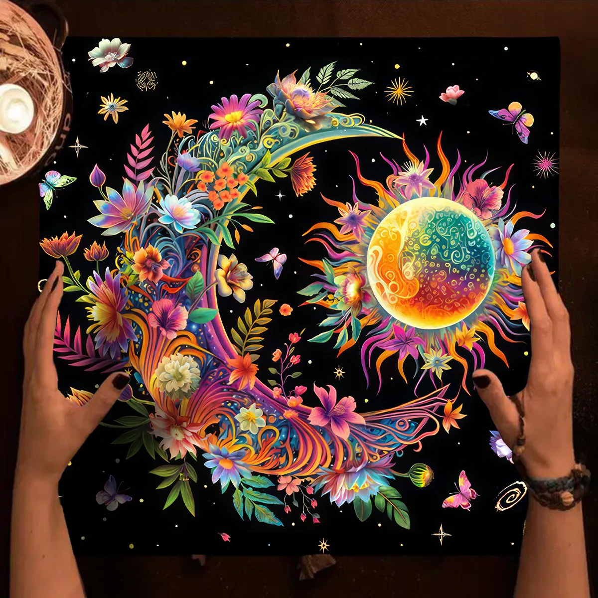 50/75/110/137cm Tarot Tablecloth Sun And Moon Altar Decor Floral Tarot Mat Decor Divination Tools Board Game Card Pad Home Decor