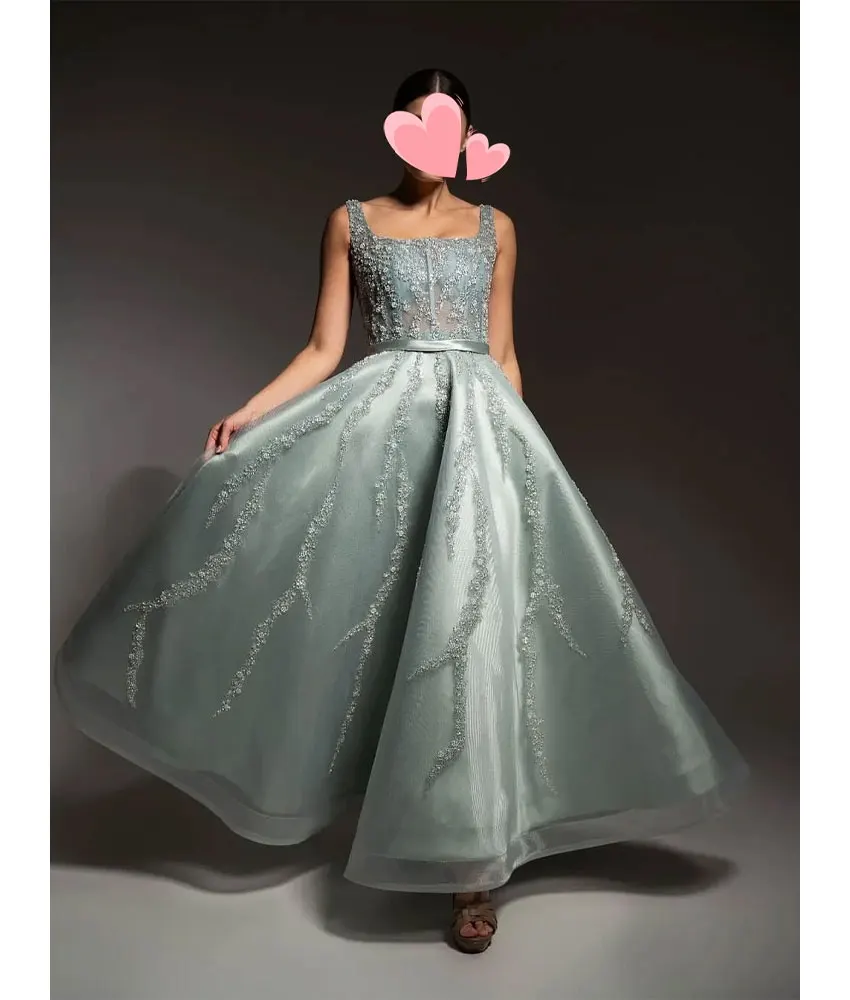 

Customized Sexy Satin A-Line Beading Sequined Evening Dress High Quality Sleeveless Square Neck Ankle Length Celebrity Gowns