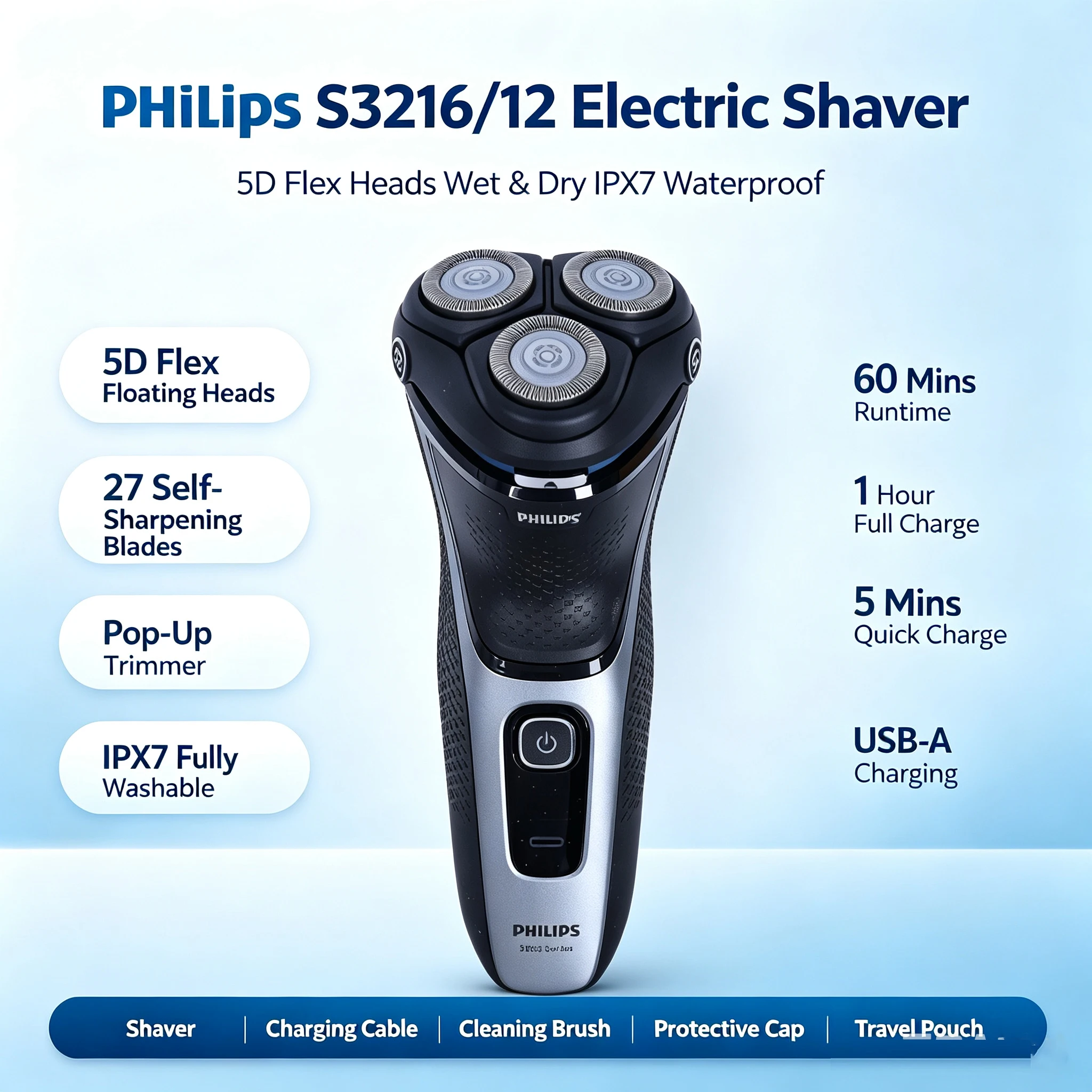 Philips S3216/12 Electric Shaver 5D Flex Floating Heads With Pop-Up Trimmer IPX7 Waterproof Wet Dry Use Men Facial Razor