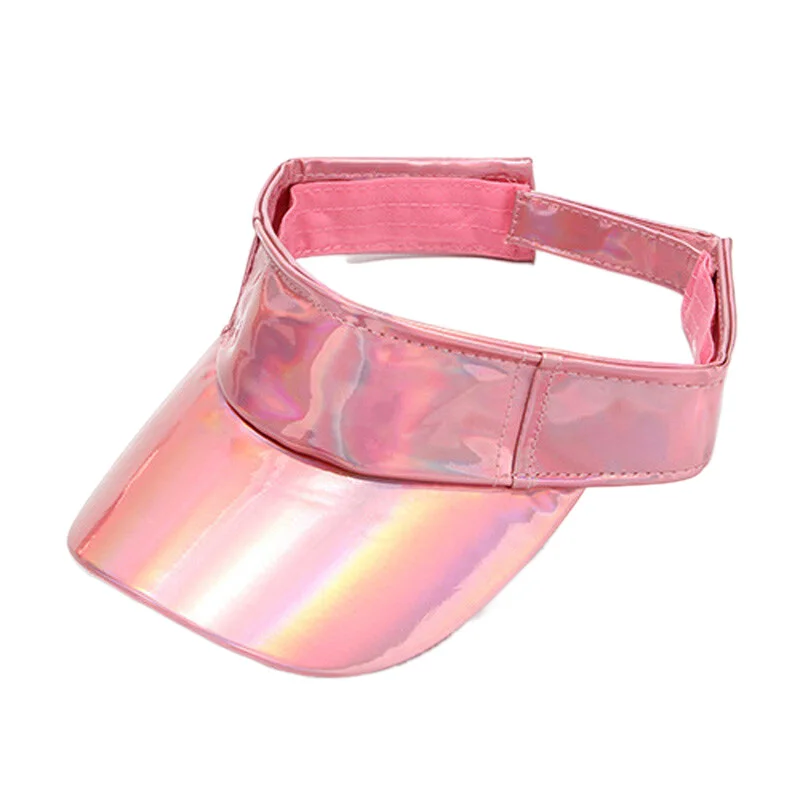 Laser Gradient Shiny PU Leather Women\'s Summer Sun Visor Cap Silver Pink Gold White