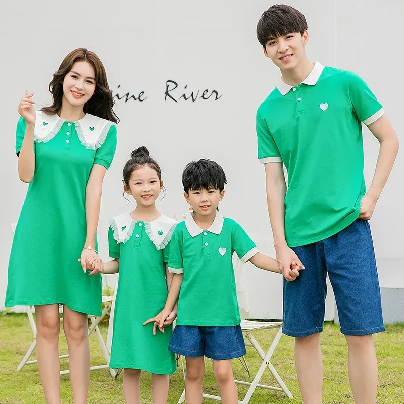 Family Look Mother and Daughter Equal Short Sleeve Dress Neck Mom Baby Girls Cute Green Dresses Dad Son Matching Shorts Outfits