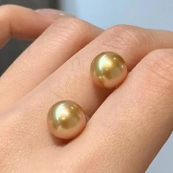 18k solid gold AAAA 8-9mm round natural south sea gold real natural pearl earring silver 925 best gift for girls nice look