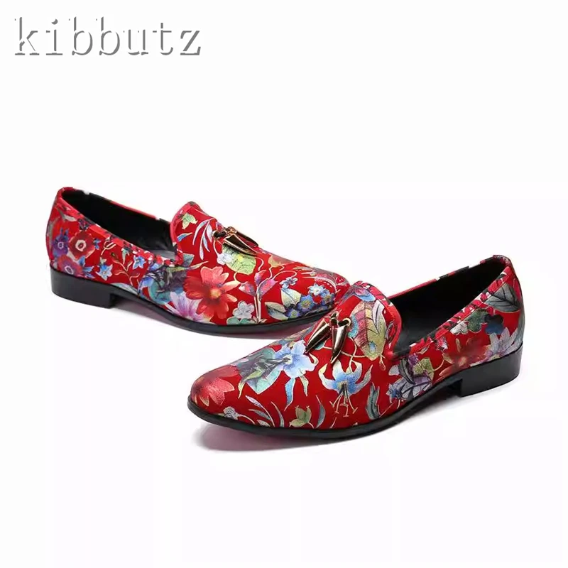 

Men Red Printing Casual Flats Round Toe Genuine Leather Slip On Loafers Driving Shoes Male Banquet Flats Formal Shoes