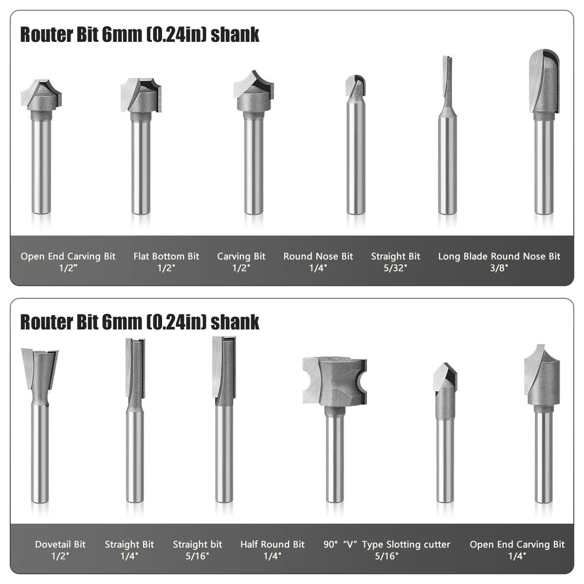 12pcs 6mm Shank Router Bit Set Woodworking Tools Straight Carving Slotting Round Bits Carbide Wood Milling Cutter