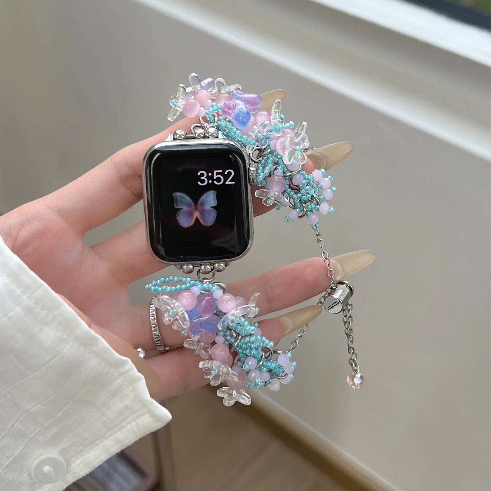 Correa de Metal para Apple Watch Band, pulsera de cuentas de arroz dulce para niñas, Iwatch98765SE Ultra40 41 44 45mm, muñeca ajustable de resina para mujer