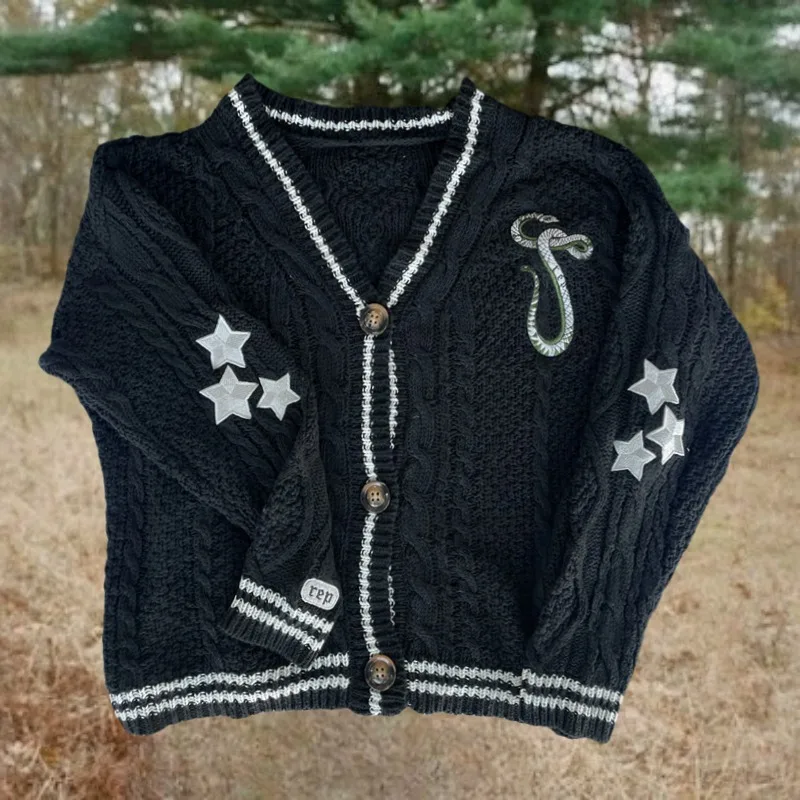 

Autumn Y2k Warm Star Embroidery Black Cardigan Female Spring Rep Knitted Holiday Cardigan Women Winter Button Sweater Coats