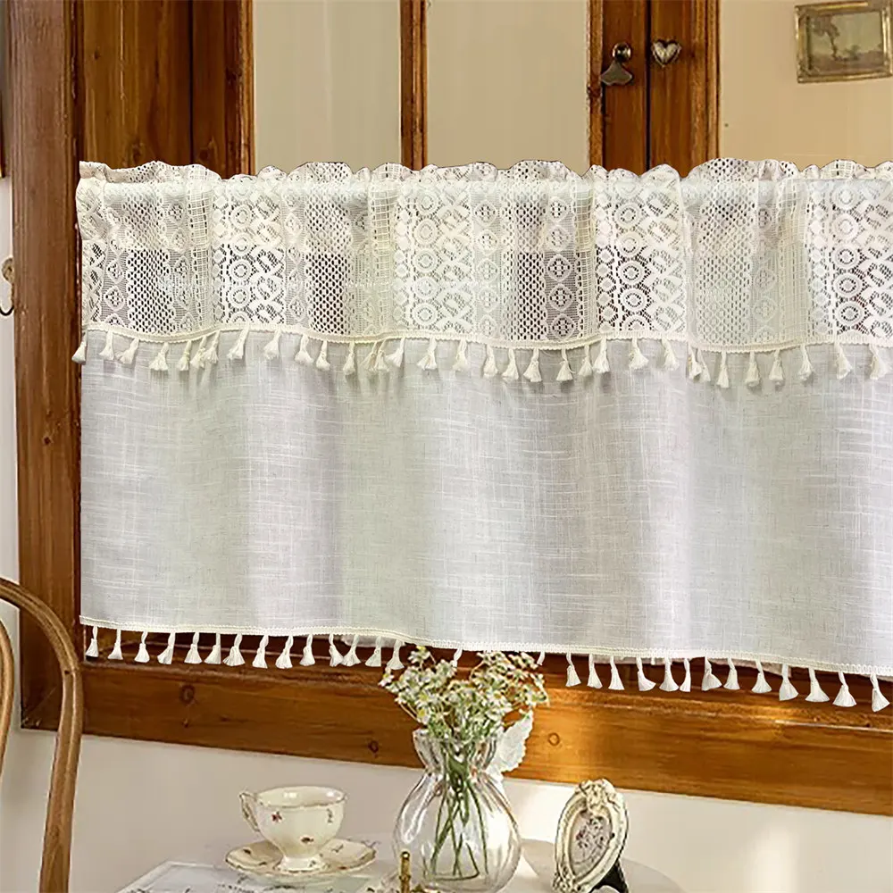

Bohemian Short Curtains Crochet Sheer Voile Valance for Living Room Small Window Drapes Kitchen Farmhouse Cabinet Decor