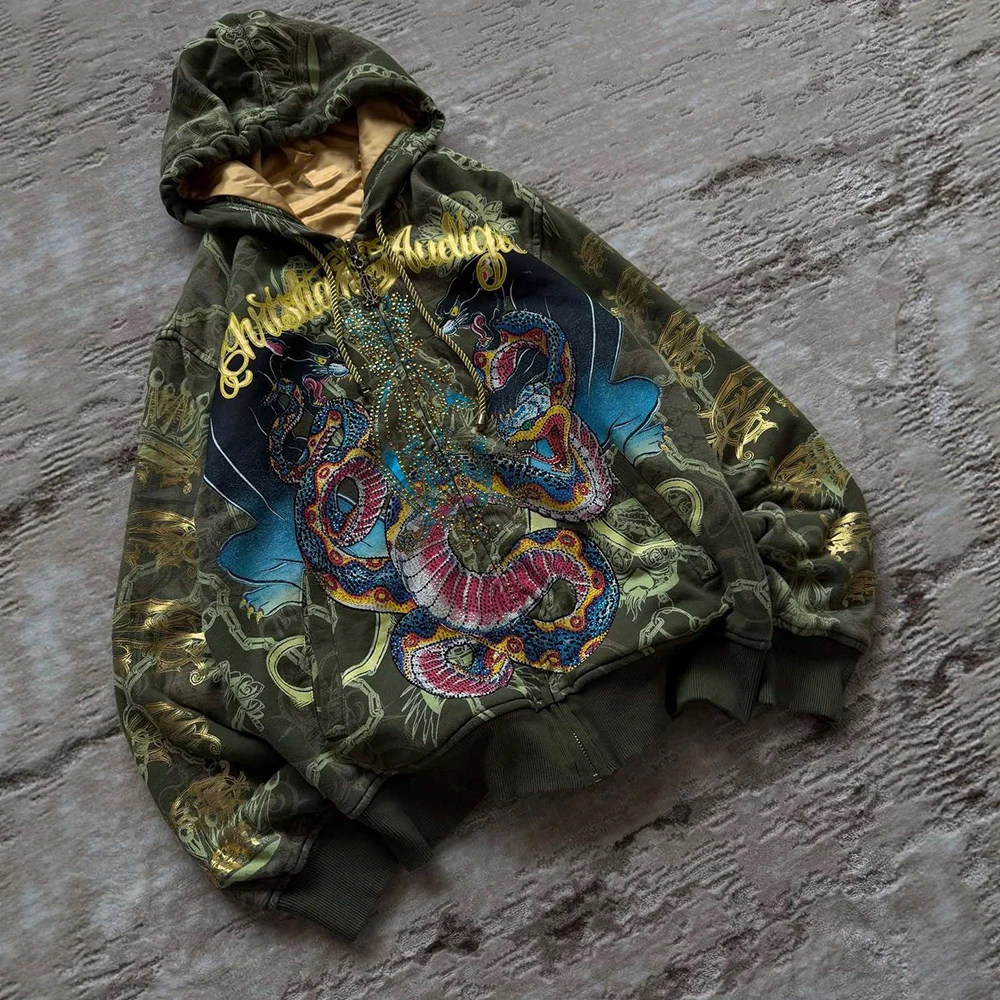 Unisex Y2K American Retro Full Print Zip Up Hoodie Panther Python Rhinestone Gold Embroidery Contrast Lining Loose Jacket