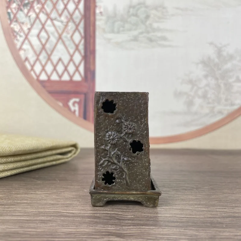 Vintage Chinese Style Copper Bamboo Plum Orchid Chrysanthemum Small Incense Burner Antique Square Hollow with Base Copper Incens