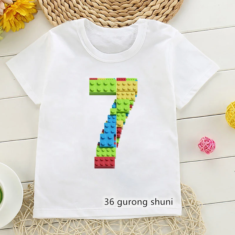 T-Shirt For Boys Building Blocks Birthday Digital Print Tshirt Custom Name Cute Kids Clothes White Tshirt Tops Drop Shipping