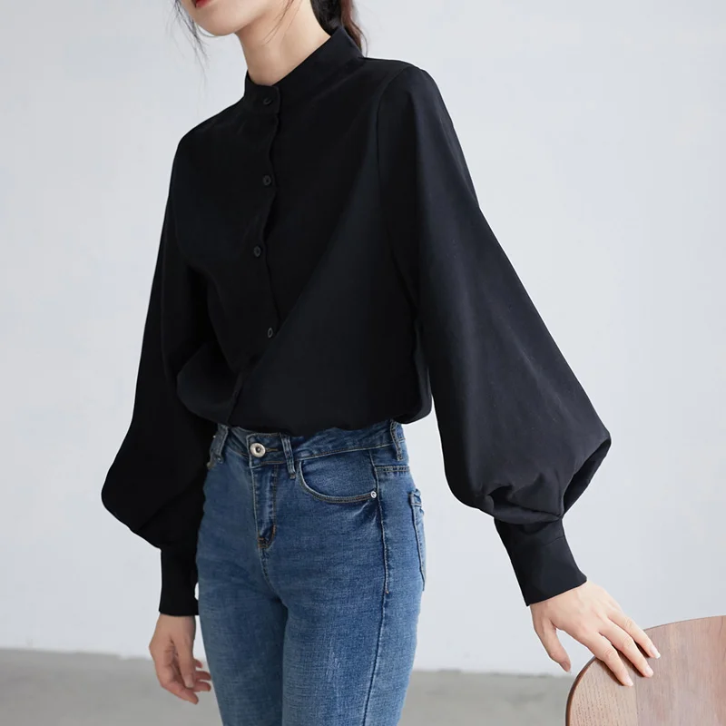 Spring Fashion Women Solid Stand Collar Casual Elegant Fashion Womens Top Clothing Blouse Shirt Lantern Long Sleeve Women Shirts