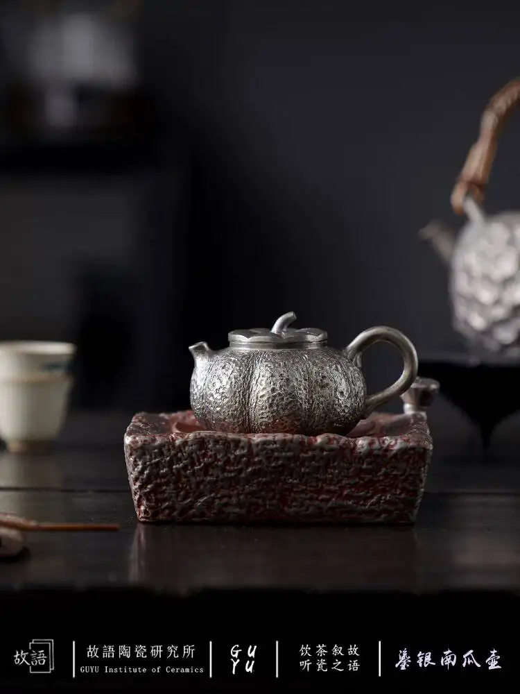 

Master Song Yu's Handmade 999 Sterling Gilt Silver Antique Ceramic Tea Set Chinoiserie Retro Pumpkin Teapot