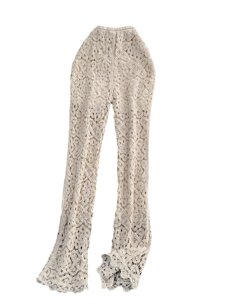 Pantaloni svasati scavati lavorati a maglia a vita alta Beach Vaion Pantaloni lunghi casual estivi coreani Sle Effetto dimagrante