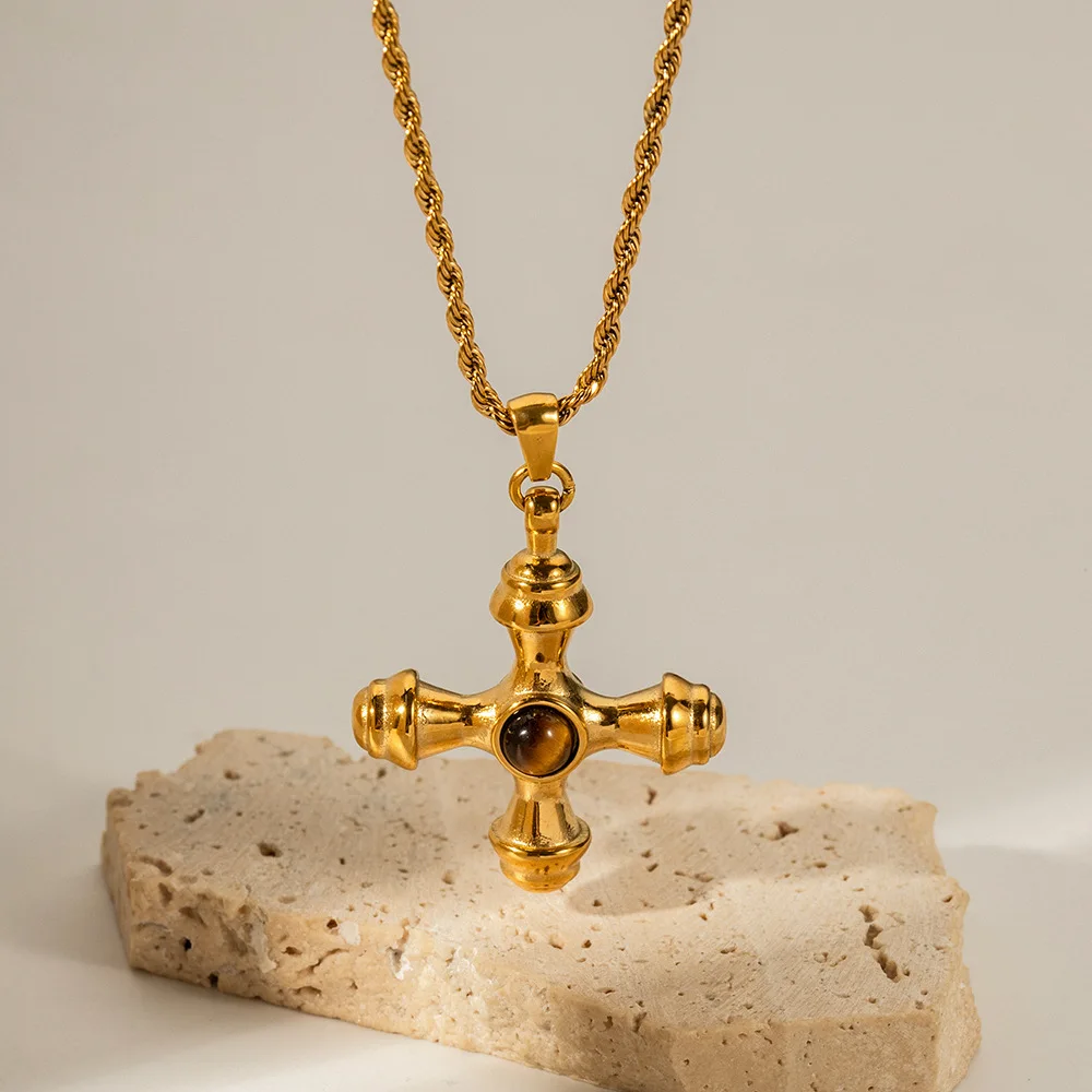 Stainless Steel Cross With Tiger Eye Necklace Non-Fading Fashionable And Versatile Jewelry