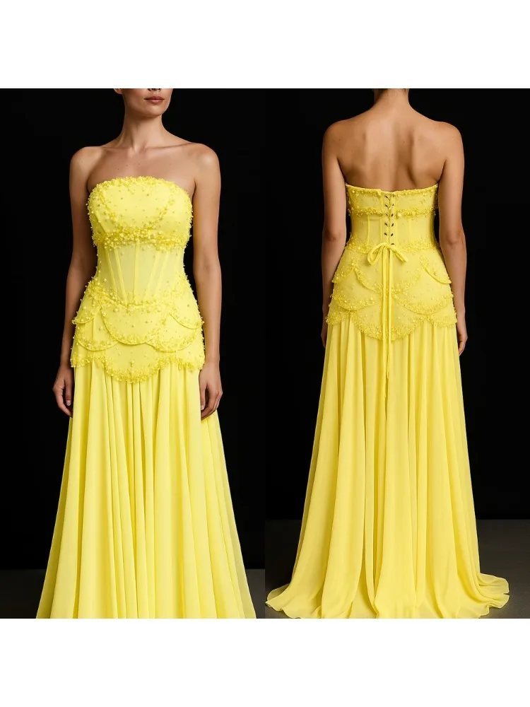 Aangepaste chiffon kralen glitter strapless vetersluiting A-lijn vloerlengte op maat gemaakte gelegenheid dames luxe avond elegant feest - afbeelding 2