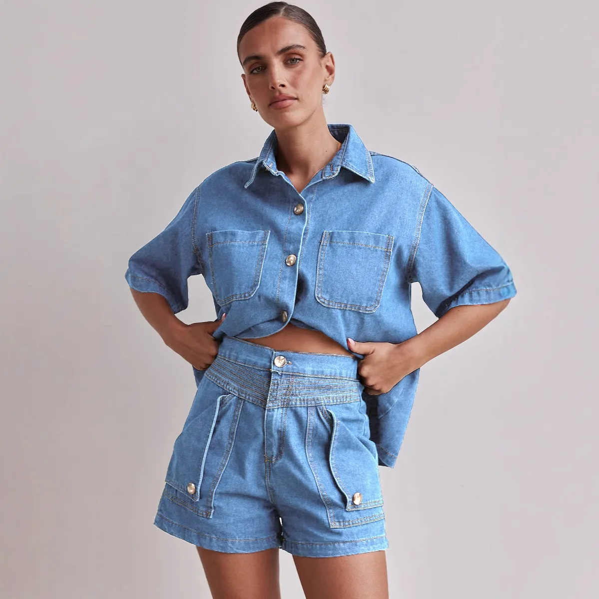 

Women's Casual Retro Loose irt Denim orts Set 2025 Spring Faion Outerwear Comfortable Breathable High Waist orts