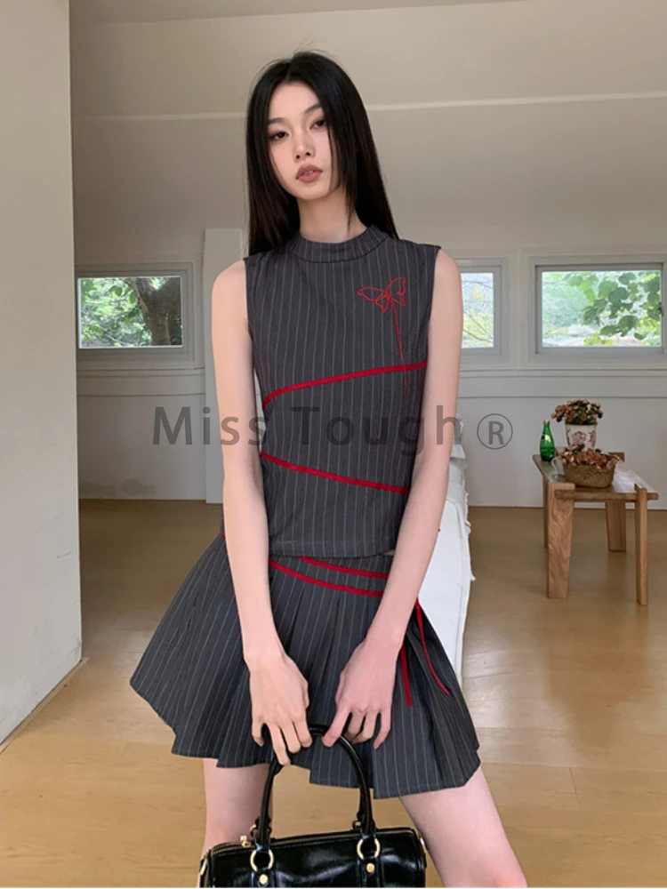 Summer Vintage 2000s Aesthetic Outfits Women Patchwork Elegant 2 Piece Set Striped Tank Tops + Mini Pleated Skirt Korean Fashion