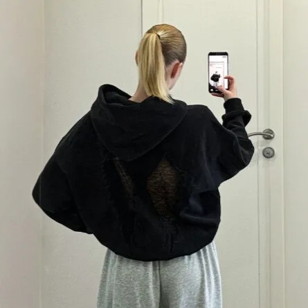 Oversized Hoodie Women Lace Angel Wings Back Cutout Hooded Sweatshirt Long Sleeve Loose Y2K Casual Pullover Hoodies For Ladies
