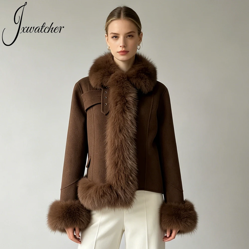 Jxwatcher Women's Wool Jacket with Real Fox Fur Ladies Fall Fashion Stand Collar Woolen Coats Winter Coat Female New Arrival