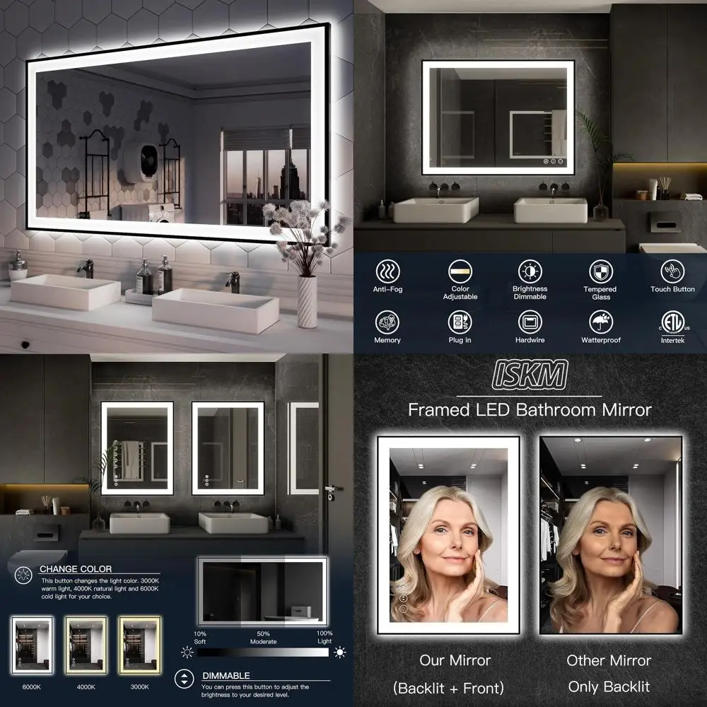 

Зеркало для ванной комнаты 55x30 со светодиодной подсветкой, регулируемая яркость, противотуманная, 3-цветная подсветка, небьющееся с функцией памяти