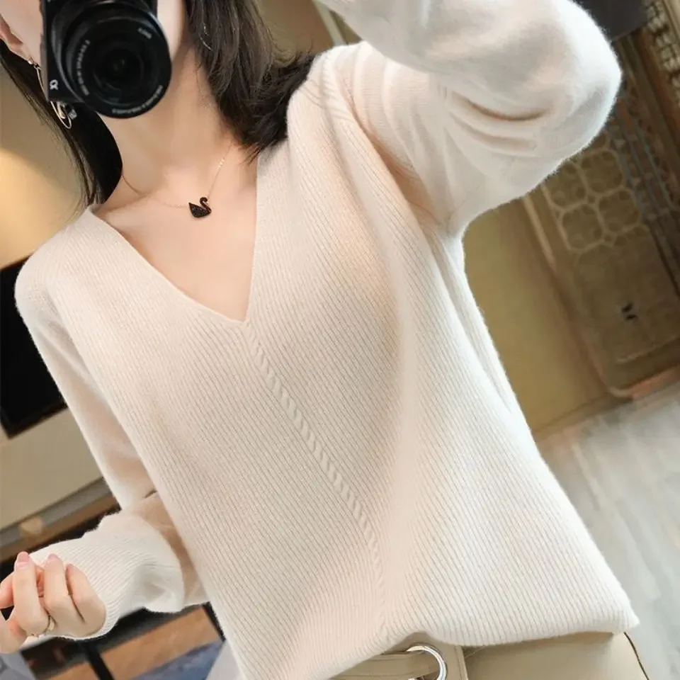 

Autumn Winter Female Knitted Pullovers Screw Thread Fashion Long Sleeve V-Neck Solid Loose Women Clothing Casual Warm Sweaters