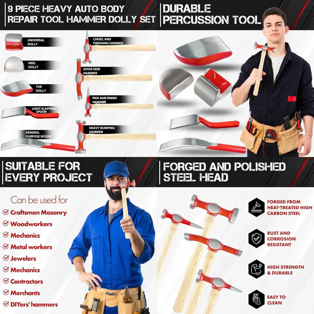 

C&T 9 Piece Heavy Auto Body Repair Tool Hammer Dolly Set, Car Body Repair Tool Kit with Carrying Case, Hickory Handles,Fender Re