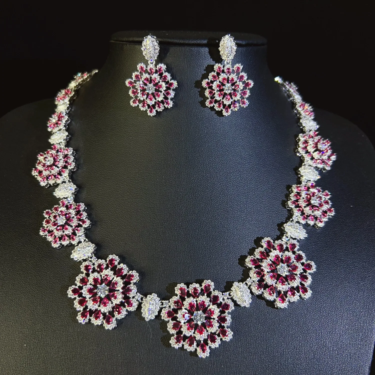 

Elegant Purple Floral Necklace & Earrings Set Colorful Zircon Party Wedding Women’s Accessory