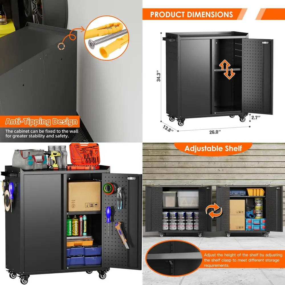 

34.3 Tall Lockable Metal Storage Cabinet with Wheels, Pegboard, Shelves, and Hooks for Garage, Home, Workshops - Black