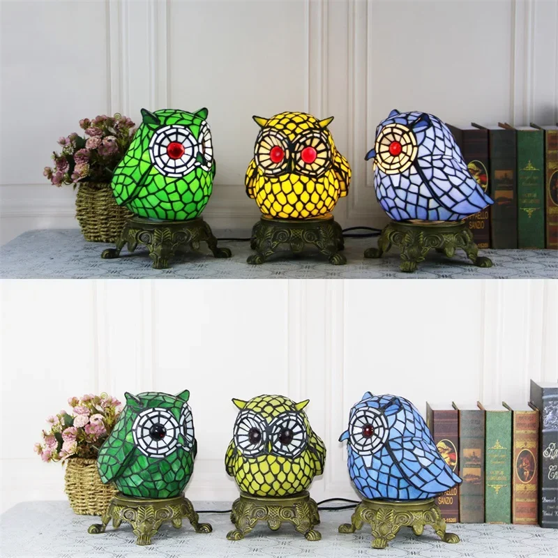 8M Tiffany Glass Table Lamp LED Cartoon Creative Owl Desk Light Fashion Decor For Home Children's Bedroom Bedside