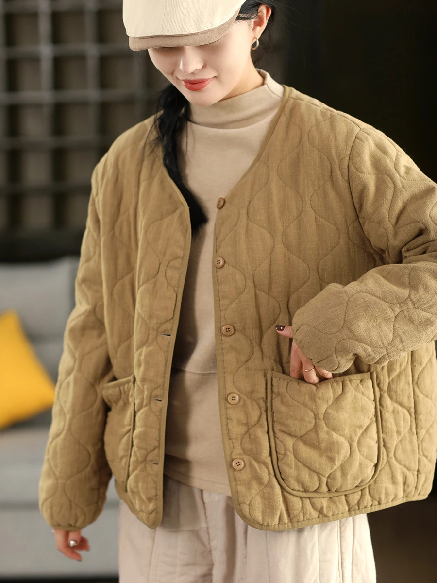 

Thiened Dry Cleaned Linen Winter Jaet ort Cotton Outerwear with Silk Filling round Ne Single Button Closure Long Sve