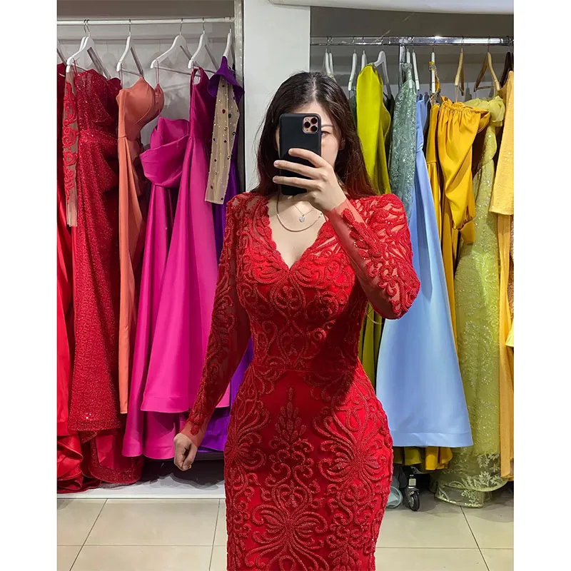 Elegante V-Neck Beading Lace vestido sereia para mulheres, mangas compridas, vestidos de noite muçulmanos formais, vermelho, ocasião especial