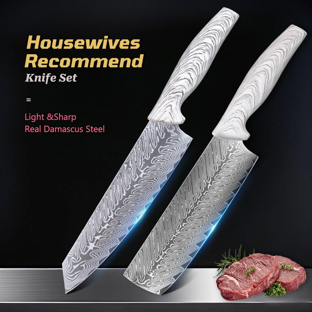 

8"Chef Knife VG10 Core Damascus Steel Lightweight Kitchen Knife Ergonomic ABS Plastic Handle Meat Slicing Knife Scissors Peeler