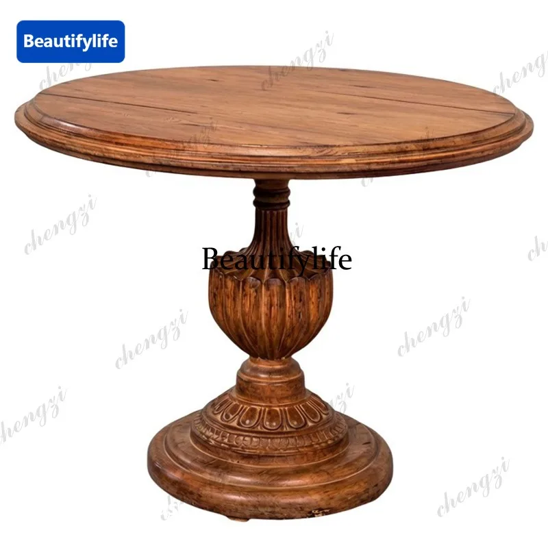 American solid wood round dining table retro carved coffee table Nanyang style living room small tea table