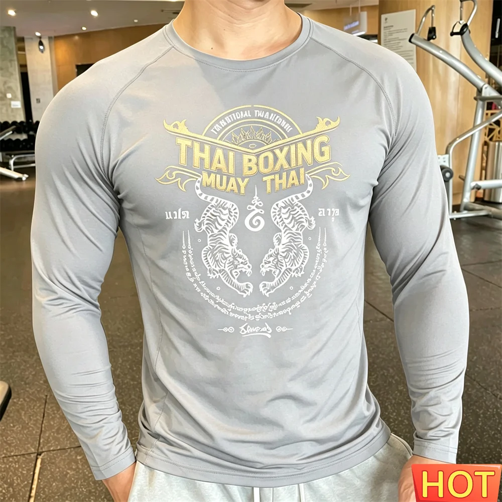 Camiseta de manga larga para hombre de Muay Thai, transpirable, para hombre y mujer, para fitness al aire libre, Muay Thai, otoño, elástica, para entrenamiento, camisetas para hombre.
