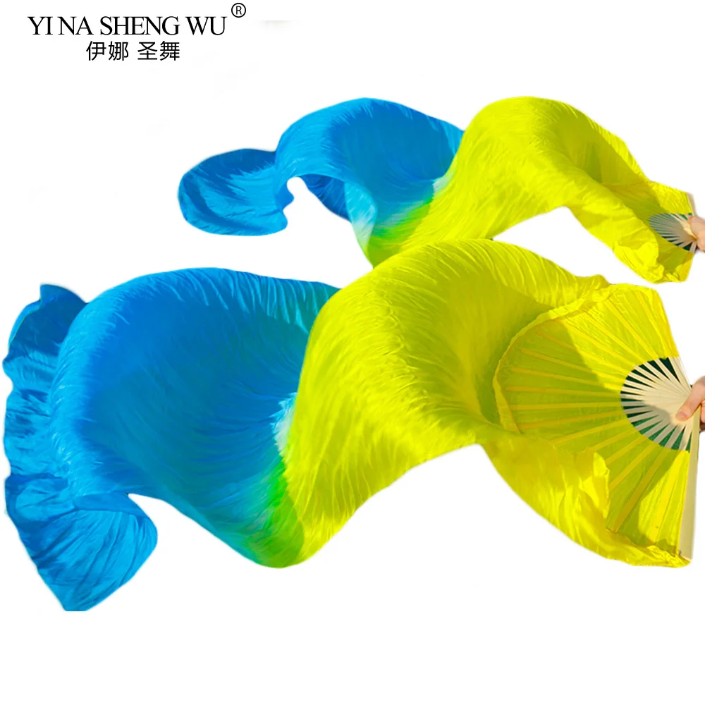 ارتفاع بيع 100% الحرير الحقيقي 1 زوج الخيزران الأضلاع اليدوية مصبوغ طويل الحرير الرقص الشرقي المشجعين الرقص الأصفر + الفيروز 120/150/180x90 سنتيمتر #2