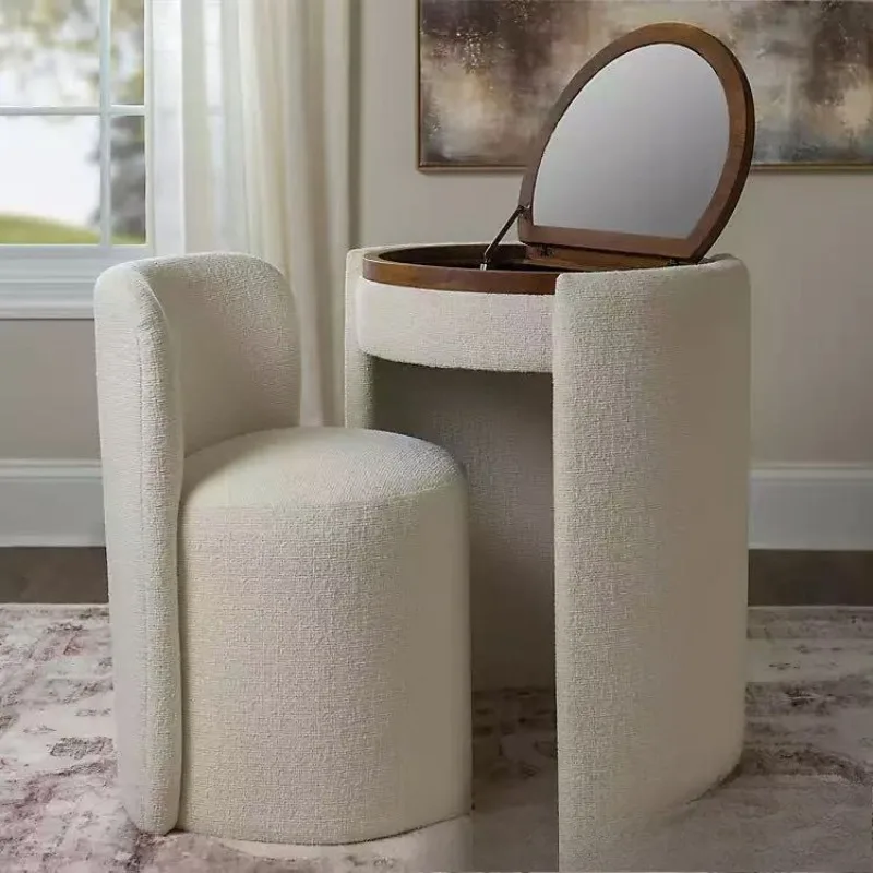 Italian Minimalist Vanity Table with Integrated Stool Flip Top Storage Multifunction Bedroom Light Luxury Makeup Dressing Table