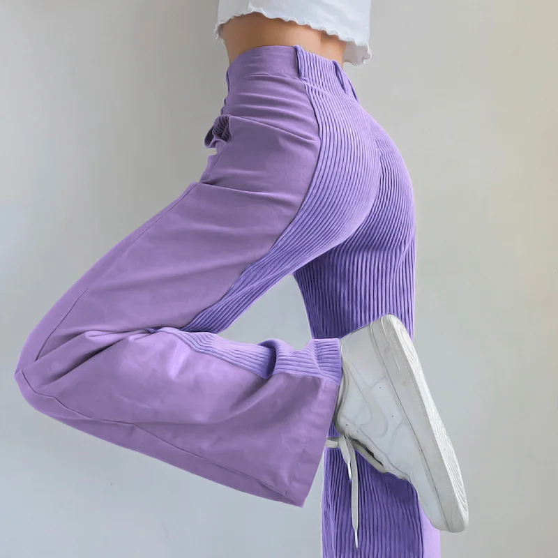 Fashion Corduroy Pants Women Baggy High Waist Contrast Patchwork Trousers Y2K Streetwear Casual Straight Sweatpants Korean Style